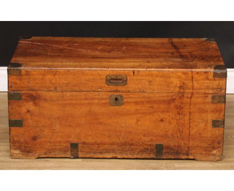 A brass mounted camphor chest or trunk, flush campaign type handle, carry handles to sides, 38.5cm high, 84cm wide, 42cm deep