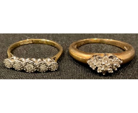 An 18ct gold five stone illusion set diamond ring, size P, 2.66g; a 9ct gold white stone ring, size Q, 3.6g (2) 