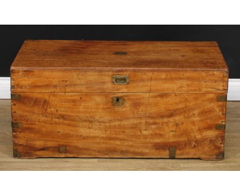 A brass mounted camphor chest or trunk, flush campaign type handle, carry handles to sides, 43.5cm high, 94.5cm wide, 44.5cm 