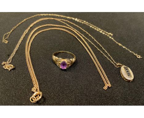 A 9ct rose gold necklace chain; a 9ct gold amethyst ring, size P; a 9ct gold pendant set with stones on chain; a 9ct gold cha