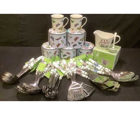 A set of six Portmeirion Botanic Garden pattern kitchen utensils, comprising slotted spatula, ladle, pasta spoon, spatula, se
