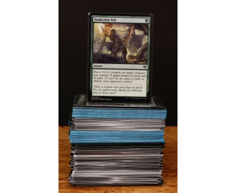 Magic The Gathering (MTG) trading cards, common cards, black expansion symbol, some foil cards including Snakeskin Veil, othe