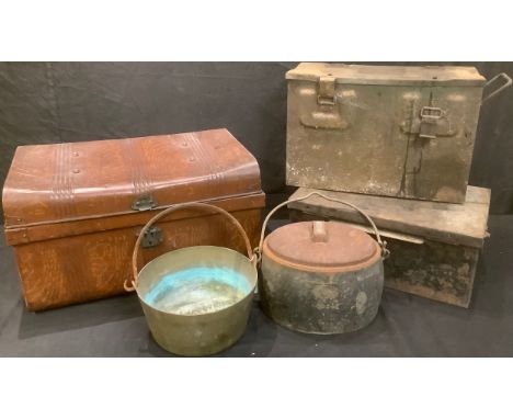 A tin trunks; an ammunition type box; a metal trunk; a brass jam pan; a Siddons hanging pot and cover (5) 