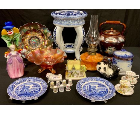 A treacle glazed Barge Ware teapot and stand, A Present From Horace, c.1900; a carnival glass comport and dish; an oil lamp; 
