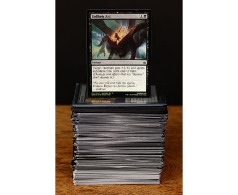 Magic The Gathering (MTG) trading cards, common cards, black expansion symbol, some foil cards including Unlikely Aid, War of