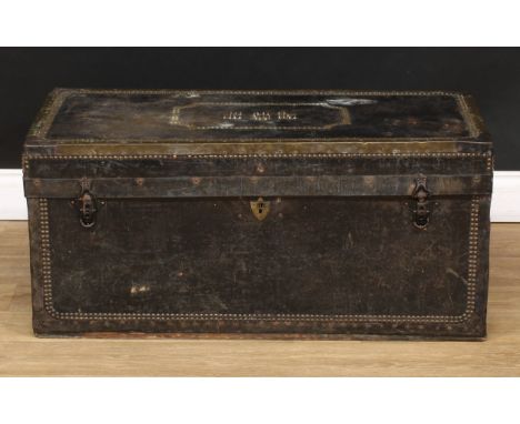 A 19th century brass mounted and studded chest or trunk, carry handles to sides, 40cm high, 90.5cm wide, 46cm deep 