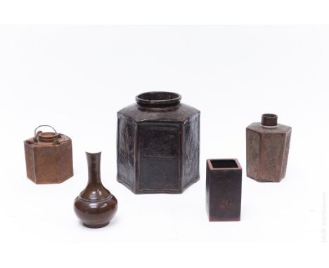 Group of (5) Yixing pottery vessels. A square form brush pot incised to the sides in archaistic calligraphy and stylized land