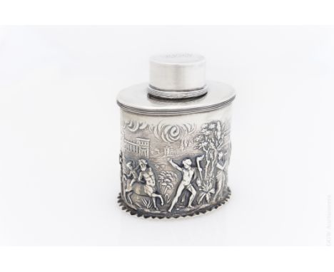 English sterling silver tea caddy.  Oval body chased with neoclassical figures and landscape.  Hallmarked Chester 1895, silve
