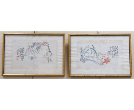 (2) Chinese ink and color paintings on paper, depicting flowers, with inscription and seal. Mounted and framed. One dated gen