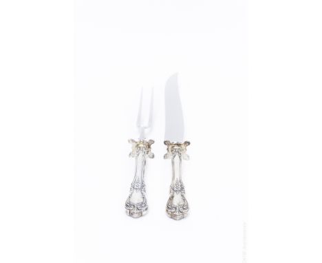 Towle sterling silver handled carving knife and fork set, Old Master pattern. 