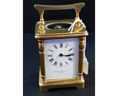 BEAUTIFUL ANTIQUE CARRIAGE CLOCK WITH FRENCH MOVEMENT AND RETAILED BY SHARMAN D NEILL, BELFAST.  SERVICED APPROX 3 YEARS AGO.