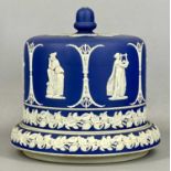 WEDGWOOD DARK BLUE & WHITE JASPERWARE CHEESE DISH & COVER, decorated with classical figures and a