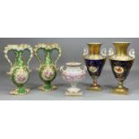 ASSORTED 19TH CENTURY DECORATIVE PORCELAIN, including pair of two-handled vases, heavily gilded,