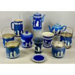 WEDGWOOD / WEDGWOOD STYLE BLUE & WHITE JASPERWARE, including four biscuit barrels with plated