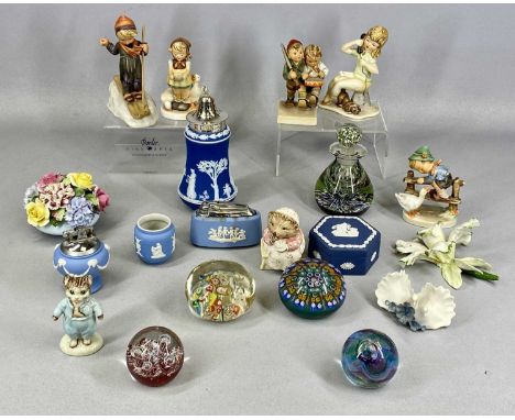 ASSORTED CHINA & GLASS COLLECTABLES, including Wedgwood blue jasperware sugar caster with plated mount, 18cms (h), four Humme