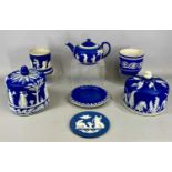WEDGWOOD / WEDGWOOD STYLE DARK BLUE & WHITE JASPERWARE, including two circular cheese dish covers,
