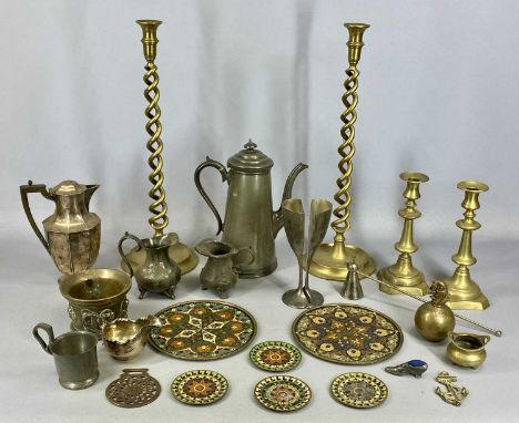 ASSORTED METALWARE, including pair of tall brass candlesticks with twist turn columns and broad circular bases, 51.5cms (h), 