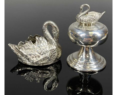 GEORGE V SILVER PATCH BOX, hinged cover with swan finial, gilded to underside, on pedestal stand, Birmingham 1910, 6cms (h), 