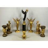 ASSORTED DECORATIVE CONTEMPORARY ORNAMENTS, including angel candle holder, 55cms (h), pair of gilded