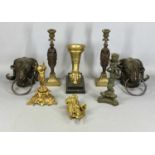 GROUP OF DECORATIVE METALWARE, including pair of cast rams head wall brackets with rings, pair of