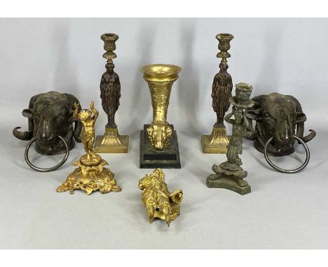 GROUP OF DECORATIVE METALWARE, including pair of cast rams head wall brackets with rings, pair of brass candlesticks with fig