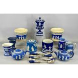 WEDGWOOD / WEDGWOOD STYLE BLUE & WHITE JASPERWARE, including lidded two-handled vase with square