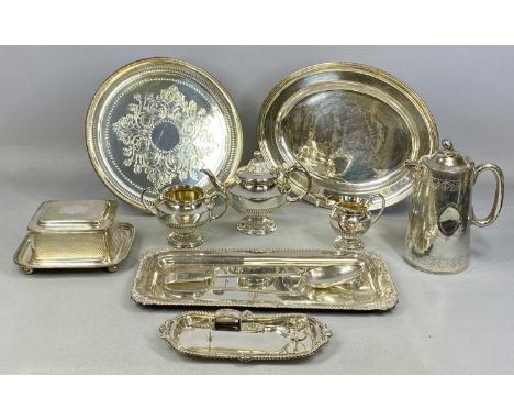 ASSORTED PLATED ITEMS, including three-piece circular tea set, candle snuffers on stand, circular salver with gadrooned rim, 