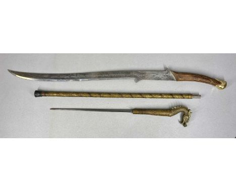 SWORD STICK with 37cms square section steel blade, cast brass dragon form handle, and embossed brass scabbard, 92cms overall,