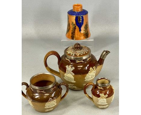 DOULTON LAMBETH TEAPOT, applied relief decoration, silver rim and spout, a similar two-handle sugar basin and jug with silver