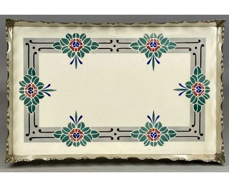 ART NOUVEAU RECTANGULAR TEA TRAY, ceramic base with Art Nouveau floral motifs, plated upturned wavy rim, 39.5 x 25.5cmsProven
