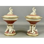 PAIR OF MINTONS CIRCULAR LIDDED BOWLS, late 19th / early 20th century, pink and cream glazed with