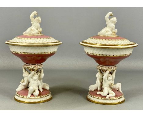 PAIR OF MINTONS CIRCULAR LIDDED BOWLS, late 19th / early 20th century, pink and cream glazed with gilded highlights, basket w