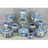 COLLECTION OF DUDSON & OTHER BLUE & WHITE JASPERWARE, including coffee pot with twist turned handle,