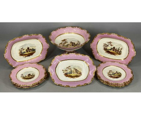 H&R DANIEL STYLE SHREWSBURY SHAPE DESSERT SERVICE, 19th century, cream and pink glazed with gilded border, each piece hand-pa