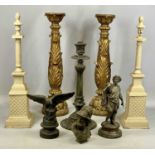 GROUP OF DECORATIVE OBJECTS, including pair of ornate gilded candle holders with acanthus leaf