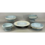 WEDGWOOD EMBOSSED QUEEN'S WARE BOWLS, circular shallow bowl, 37cms (diam.), two circular fruit