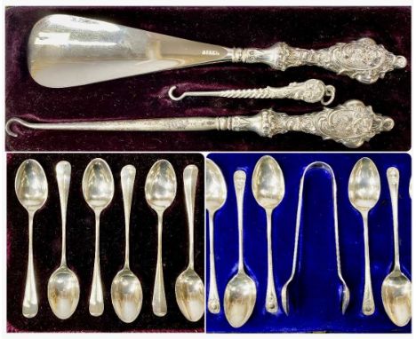CASED SILVERWARE, including silver-handled shoe horn and two button hooks, six bead pattern silver teaspoons and tongs, and s