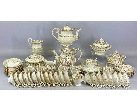 19TH CENTURY ENGLISH PORCELAIN TEA SERVICE, gilded and painted with floral sprays, teapot with dragon form spout, 22cms (h), 