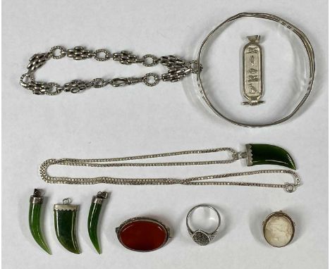 ASSORTMENT OF SILVER JEWELLERY, including bangle, fancy link bracelet, Egyptian pendant, claw pendant and chain, three simila
