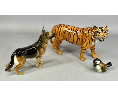 THREE CERAMIC ANIMAL FIGURES, large Beswick standing tiger, gloss, 19cms (h), Goebel standing German Shepherd dog, gloss, 18c