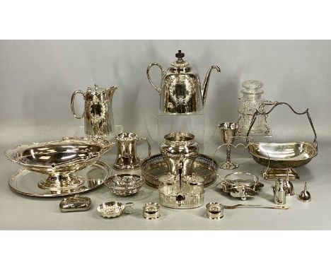 ASSORTED PLATED WARE, including large oval swing handle dish, James Dixon Royles patent self-pouring teapot, French wine tast