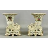 PAIR OF JACOB PETIT PORCELAIN CORNUCOPIA VASES, bases formed as swans on rectangular plinths,