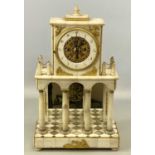 19TH CENTURY EUROPEAN ALABASTER & MARBLE MANTEL CLOCK, of architectural design, with figural gilt