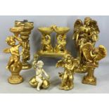 LARGE ASSORTMENT OF MODERN GILDED TABLE ORNAMENTS, including cherub form candle holders, 23cms (