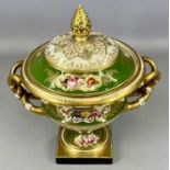 COALPORT WARWICK TWIN-HANDLE VASE & COVER, c. 1830, with bifurcated handles, decorated with bouquets