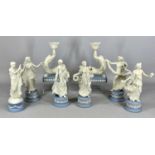 WEDGWOOD LIGHT BLUE & WHITE JASPERWARE, including figures of six classical muses, impressed marks,