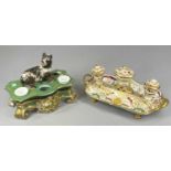 TWO INK STANDS, Derby rectangular two-handled ink stand, gilded and painted decoration, three vase