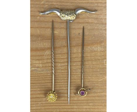 THREE GOLD / YELLOW & WHITE METAL STICK PINS, comprising 9ct gold and amethyst Edwardian design, diamond set Victorian design