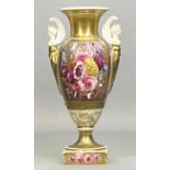 ENGLISH PORCELAIN URN SHAPED VASE, c. 1820, angel head and wing handles, panels hand-painted with
