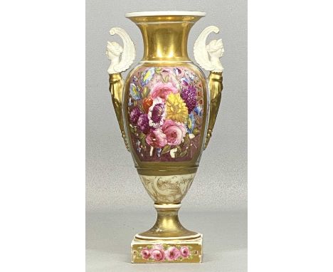 ENGLISH PORCELAIN URN SHAPED VASE, c. 1820, angel head and wing handles, panels hand-painted with floral bouquets, heavily gi